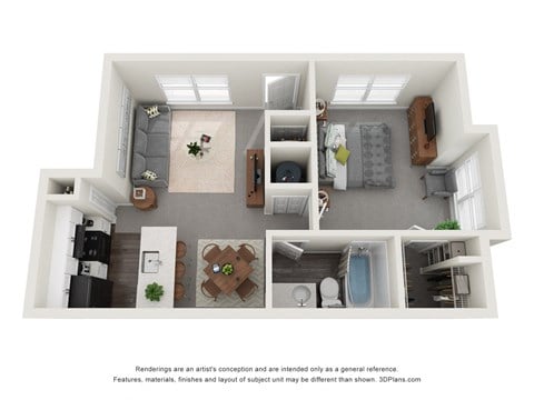 Floor plan for 1 bed, 1 bath, 600 sqft